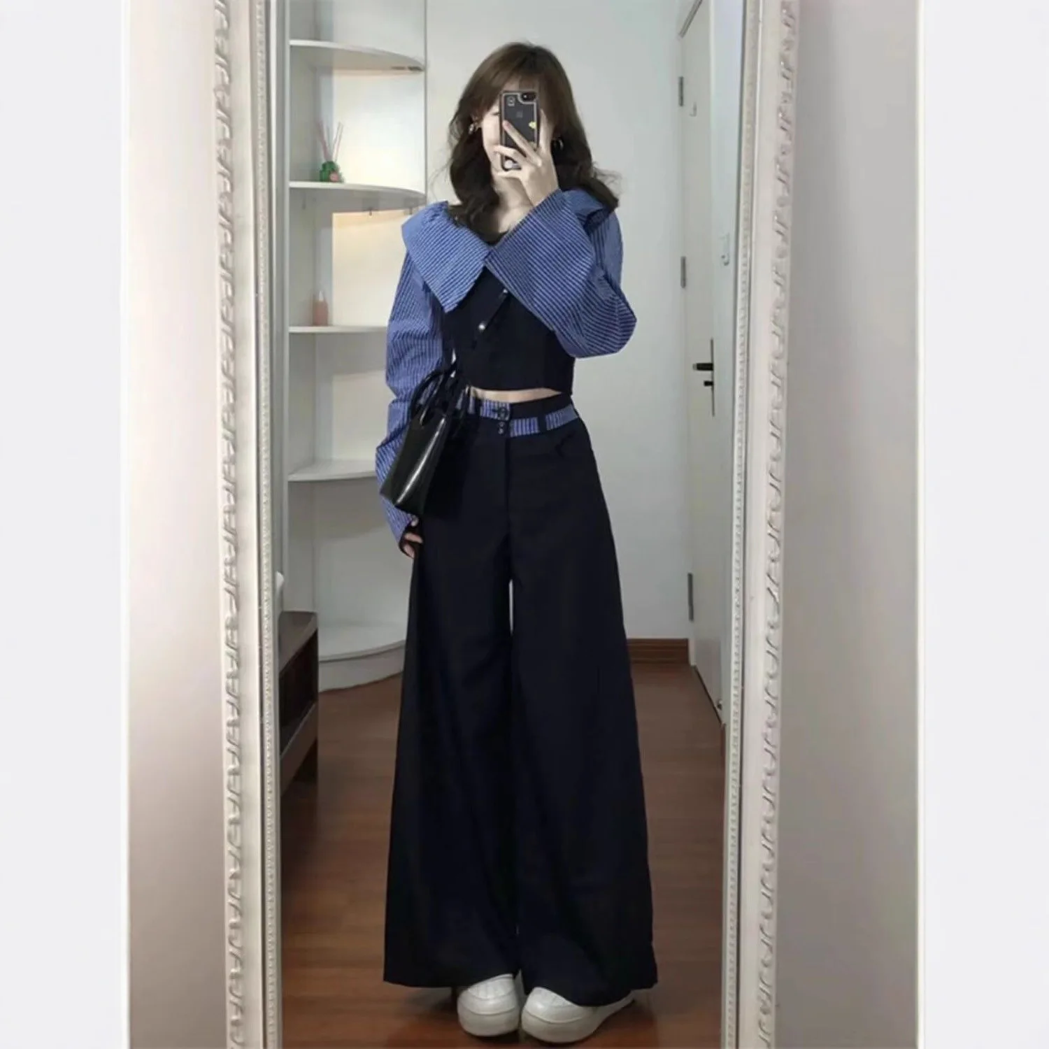 

2025 Autumn Women's Two Piece Set Long Sleeve Big Collar Shirts High Waist Wide Leg Pants Design Niche Chic Elegant Outfit