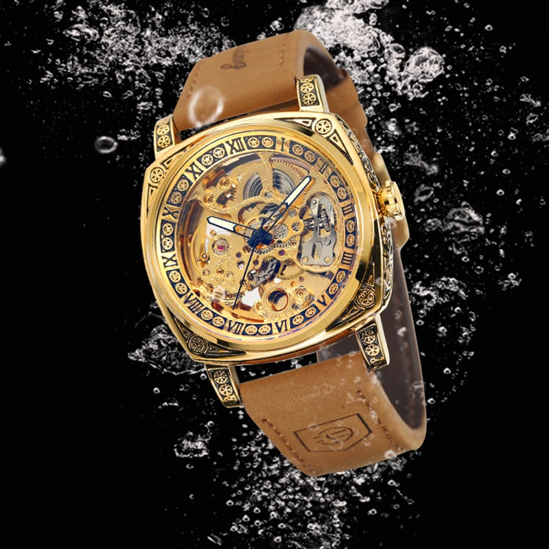 Forsining Luxury Brand Men Watch Vintage Leather Strap Gold Mens Mechanical Arm Waterproof Automatic Skeleton Wristwatches Clock