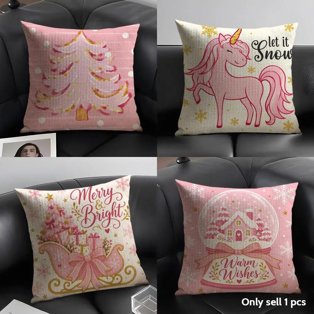 4PC Blush Pink Christmas Cushion Cover Linen Fabric Double-Sided Printing Breathable Pillow Case for Sofa Home Decor Gift