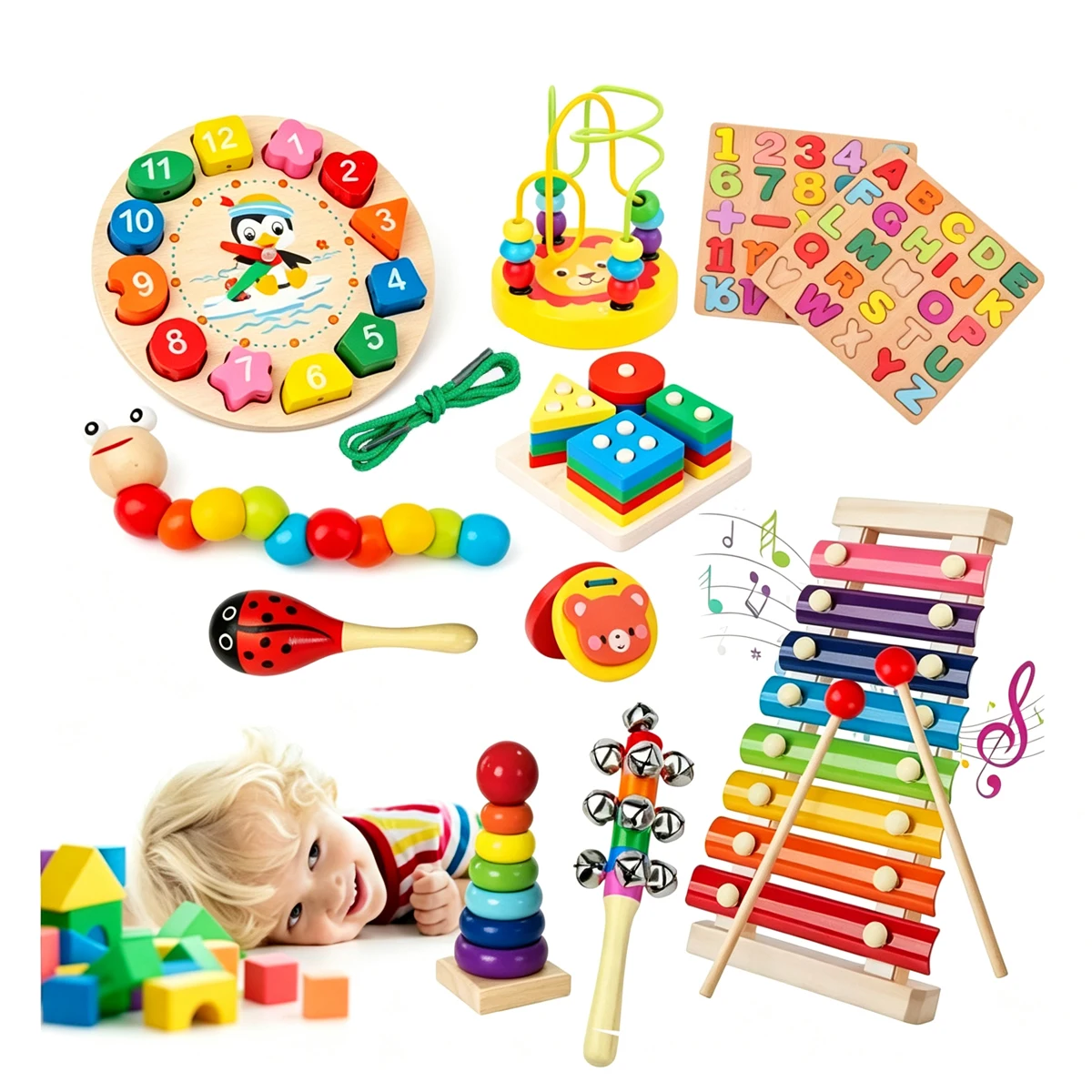 Kids Educational Watch - Juego de juguetes Montessori de madera,