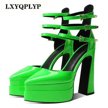 European and American brand sexy 14.5cm high heels party thick sole shallow mouth Mary Jane women's buckle strap single shoe