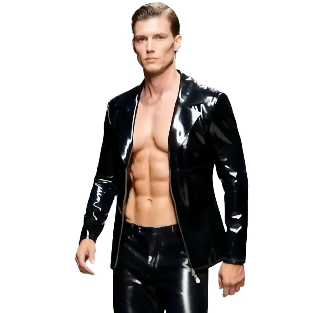 Men's Long Sleeve T-shirts PVC Shiny Cloth Latex Fashion Double Sided Tops Man Open Bust Elastic Nightclub Punk Dance T-shirts