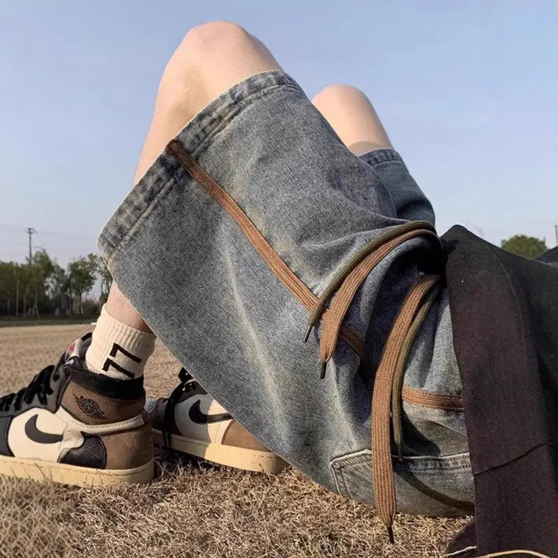 

Мужские джинсы прямого кроя в стиле ретро, летние, свободные, в американском уличном стиле, со средней посадкой, на молнии, повседневные, нелиняющие