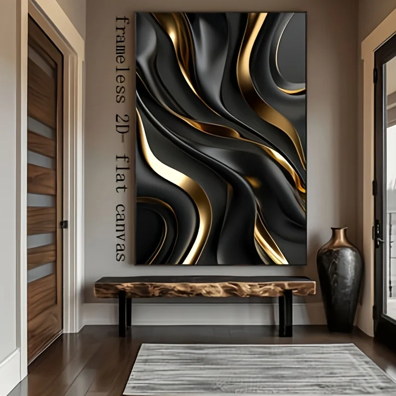 Frameless 2D Flat Black And Golden Wave Canvas Art Print - Modern Abstract Wall Decor Without a Frame, Suitable for Living Rooms
