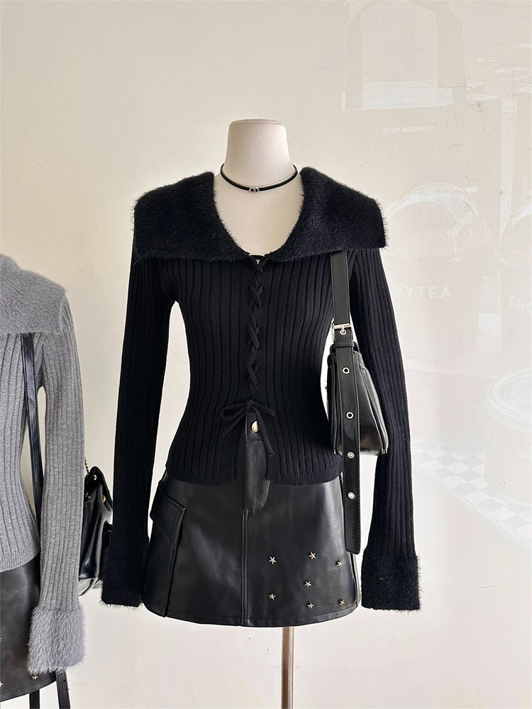 Winter Women Old Money Long Sleeve Cuddly Crop Sweater Coquette Korean Fashion Jerseys Jumper Coquette Pullovers Gyaru Knitwears