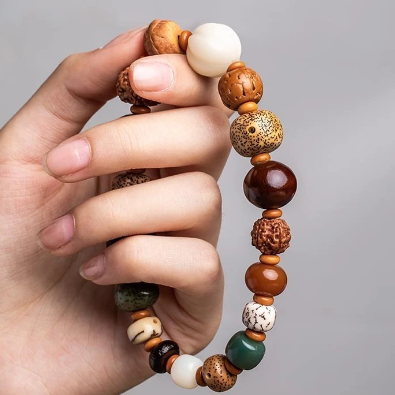 UMQ Natural Bodhi Seed Bracelet with 18 Beads and Lucky Symbol Charms for Fortune and Good Luck