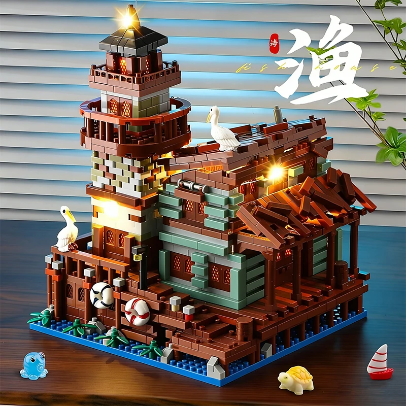 Bausteine mit Minifiguren Angeln Dorfhaus Straßenansicht Haus Modell DIY Desktop-Dekoration Kinder Weihnachtsgeschenk