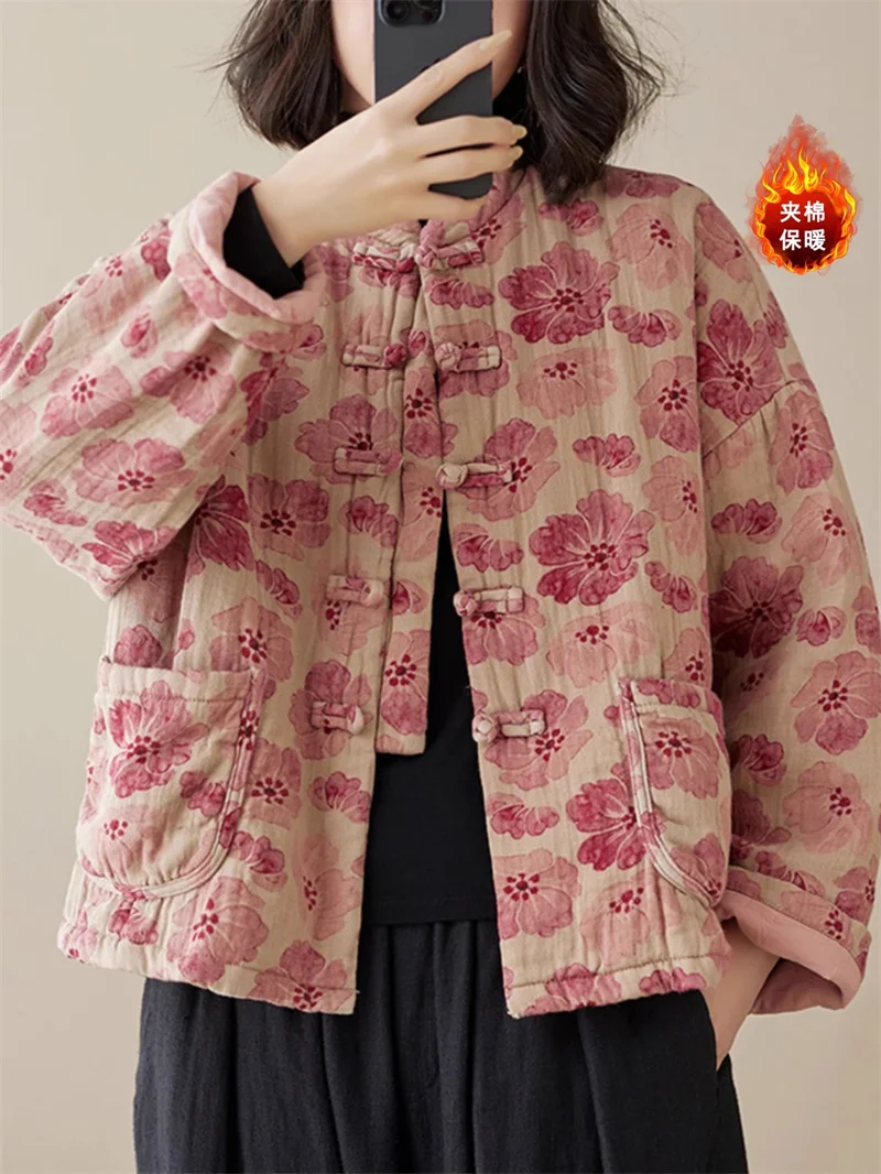 Retro Chinese Style Cotton Linen Floral Jacket Women\'s National Style Standing Collar Buckle Loose Short Quilted Coat Z3950