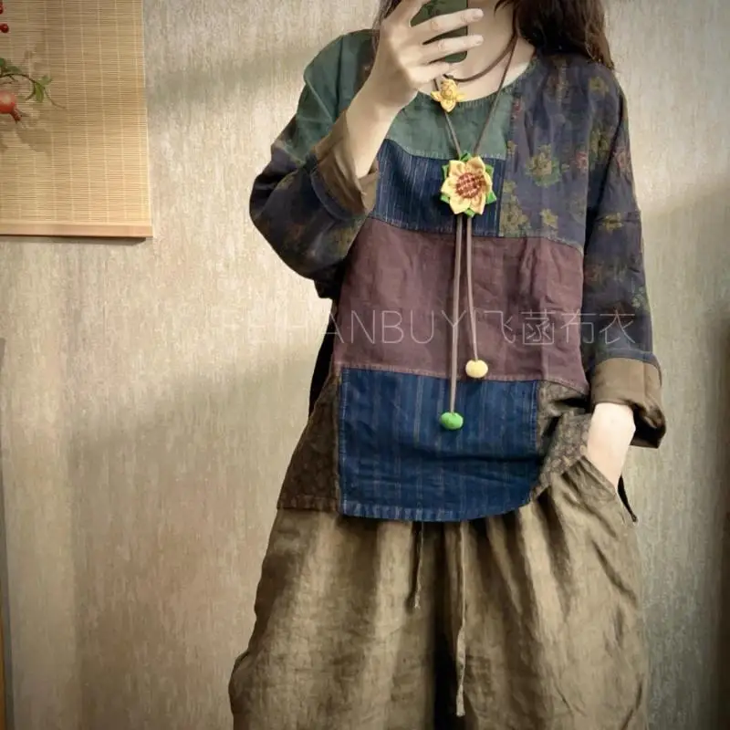 

New Spring Summer Women Long Sleeve O-neck Loose Tshirt Patchwork Design Vintage Cotton Linen Tee Shirt Femme Tops Good Quality