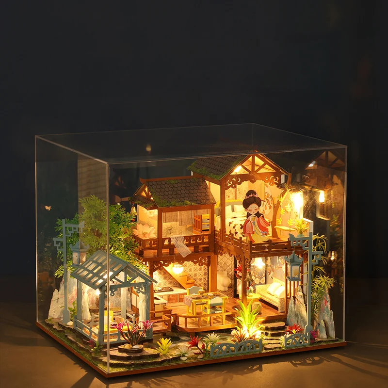 Diy Wooden Doll Houses Chinese Ancient Garden Room Casa Miniature Building Kits With Furniture Led Dollhouse For Adults Gifts