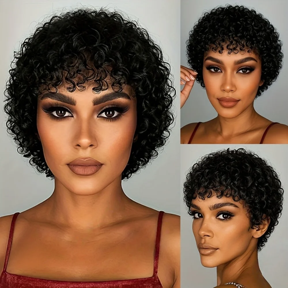 

Кудрявый парик с стрижкой пикси, парик с короткими волосами, парик из человеческих волос, полный парик машинного производства для женщин