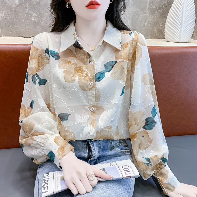 Ladies Korean Fashion Casual Printing Shirts Blouse Women Tops Woman Button Up Shirt Female Girls Long Sleeve Blouse BPy8597