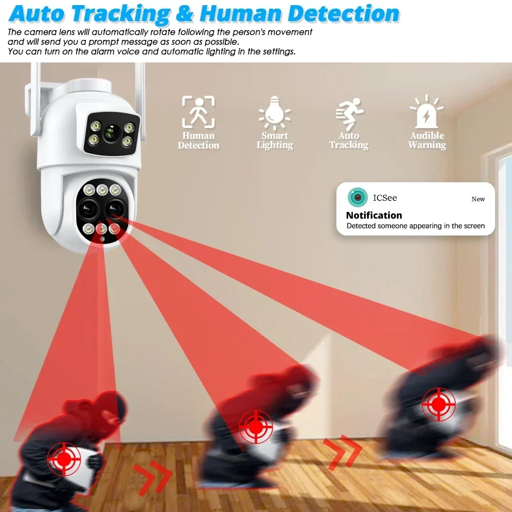 Kamera pengawas tahan air luar ruangan, kamera pengawas tiga lensa layar ganda, kamera IP Zoom 8X PTZ 12MP PTZ WIFI, penglihatan malam warna penuh