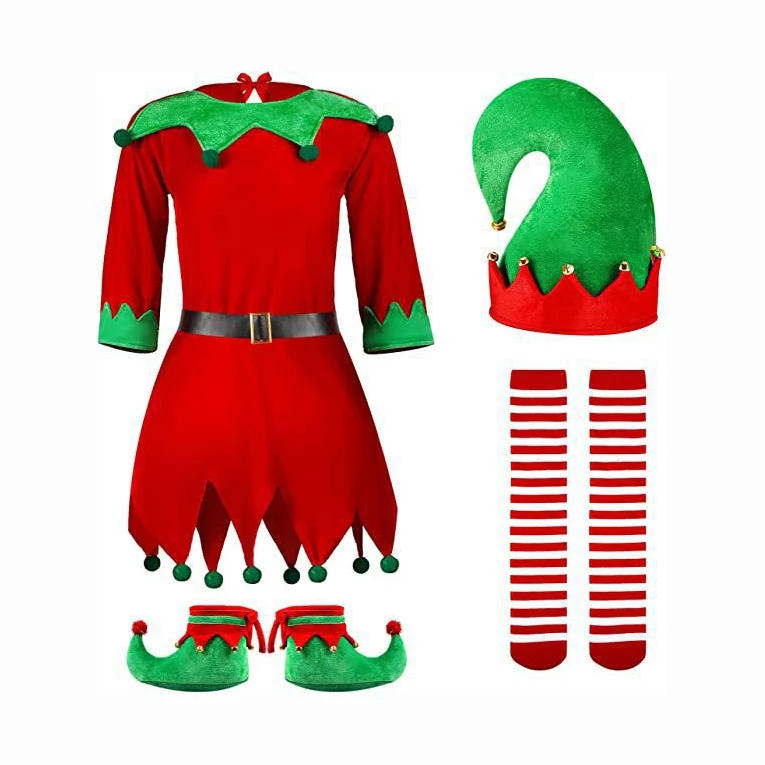 2025-2026 Christmas Costume Elf Dress up with Hat+Stockings+Belt+Shoes Covers for Girls And Boys Xmas Party Apparel 5 Pieces Set