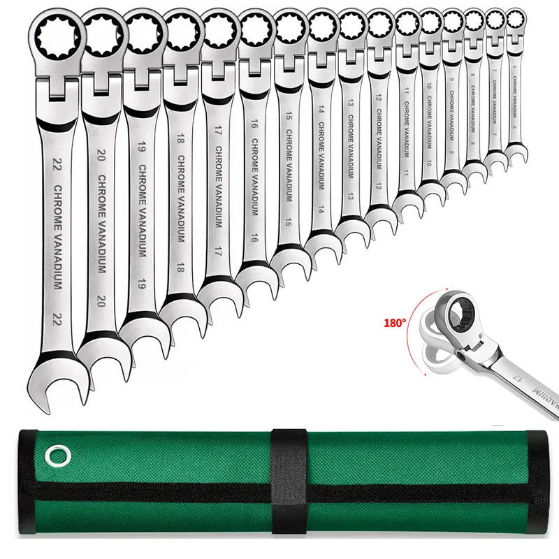 Green Cloth Bag Movable Head Ratchet Set Chrome Vanadium Steel Open End Quick Ratchet Wrench Set Hand Tools Hardware Tools