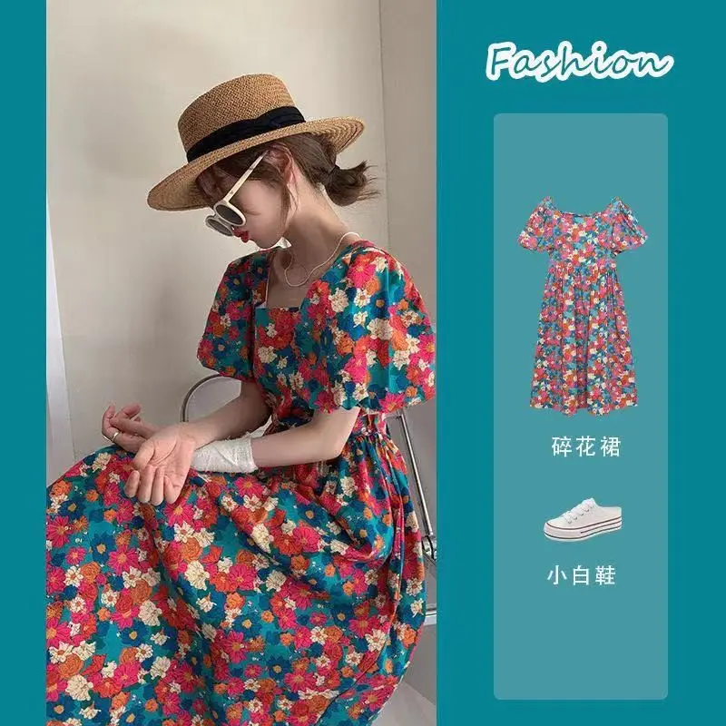 Korejpaa Beach Dress Elegant Square Collar Backless Oil Painting Floral Summer Dresses Elegant Slim High Waist Vestidos Femme