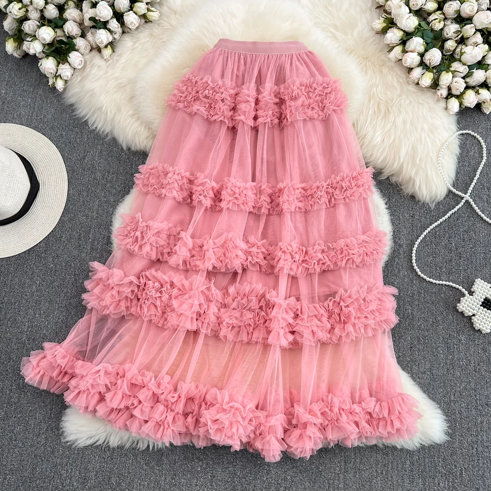 High Waist A-Line  Skirt with Lace And Elastic Waist Mid-Length Over-Knee Multi-Layered Cake Sle Fairy T Skirt