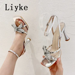 Liyke Fashion Design Crystal Bowknot Square Toe Elegant Sandal Women Wedding Party Shoes Gladiator High Heels Ladies Gold Silver