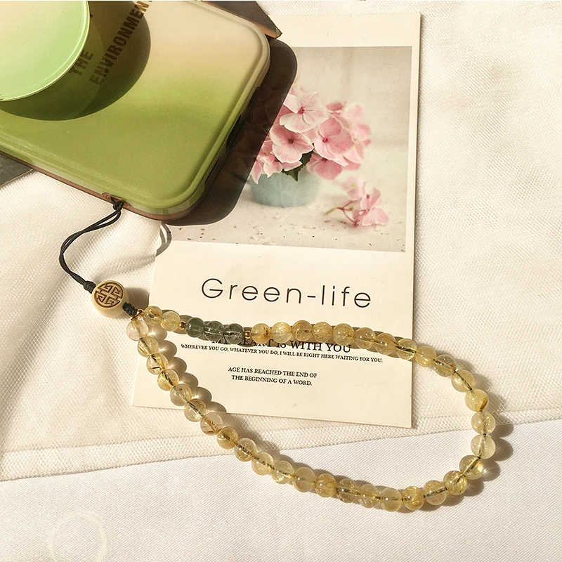 

Natural Gold Rutilated Quartz Anti Lost Phone Strap Telephone Jewelry Natural Stone Beaded Wrist Lanyard KeyPhone Chain Accessor
