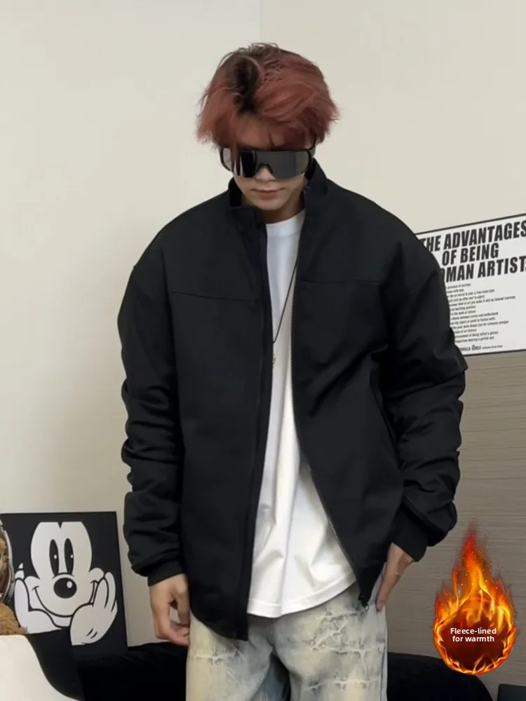 

Men's Fce Lined Thiened Cotton Jaet Winter Warm Casual Loose Street Sle Color Outerwear Cleanfit Zipper Closure