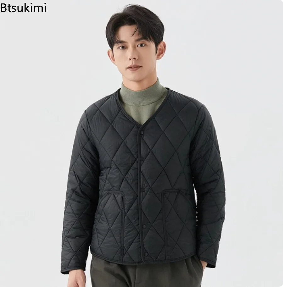 Men's Solid Color Argyle Casual Warm Padded Jacket Young Man Winter New Lightweight Single-breasted Padded Jacket with Pockets