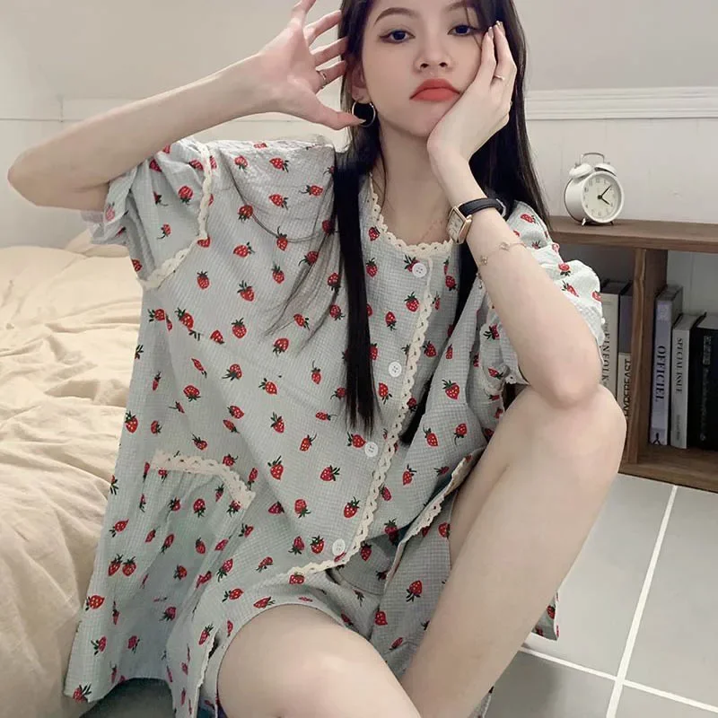 Strawberry Women Pajamas Sets for Home Summer Ruffles Sleepwear Shorts Sleeve Lace 2 Pieces Night Wears Korean Home Suit 2024