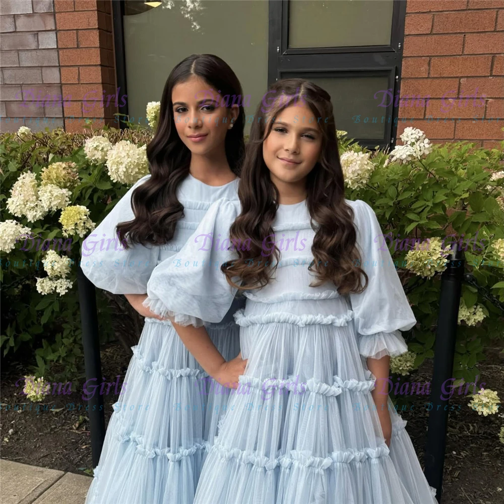 

Качественное элегантное многослойное синее платье с цветочным узором для девочек, тюлевое пышное свадебное бальное платье с оборками и цветочным принтом для малышей, пышные платья для дня рождения