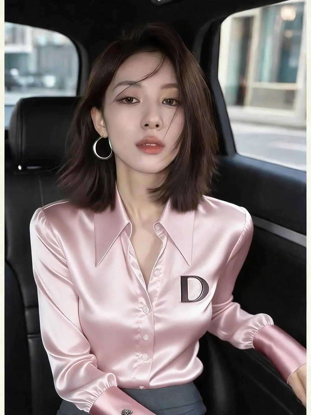 

Early Autumn European Sle Ele Pink irt Unique Bizarre Cool Sensation High Faion Commute Sle Loose Fit Long Sve