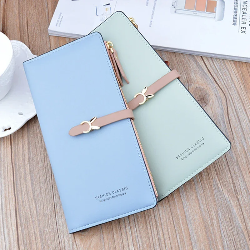 New Women's Wallet Long Korean Student Fashion Zipper Buckle Thin Money Clip Multi Card Soft Leather Clips Case Classic Purse