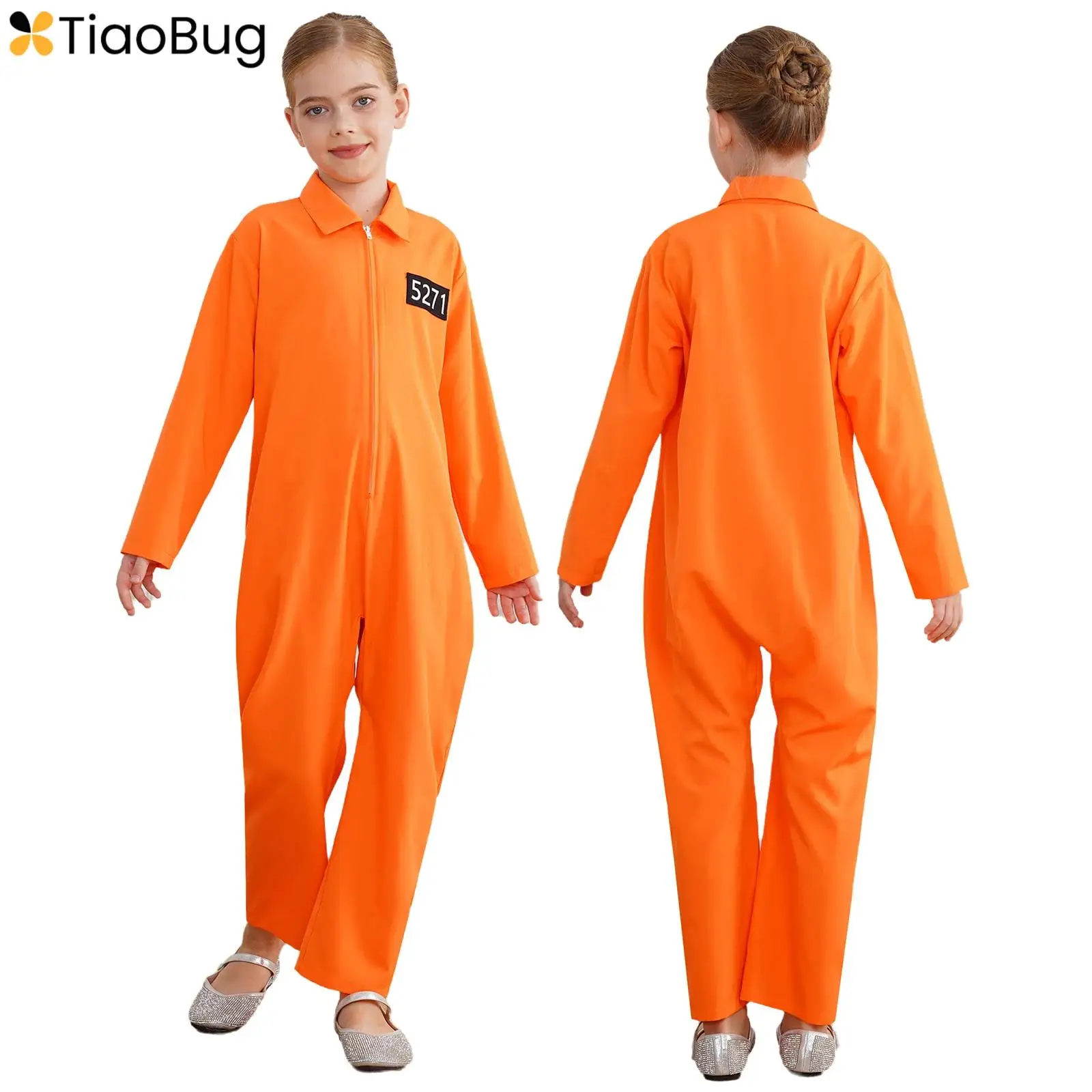 

Girls Halloween Prisoner Cosplay Costume Jailbird Inmate Prison Uniform One Piece Long Sleeve Zipper Jumpsuit for Themed Party