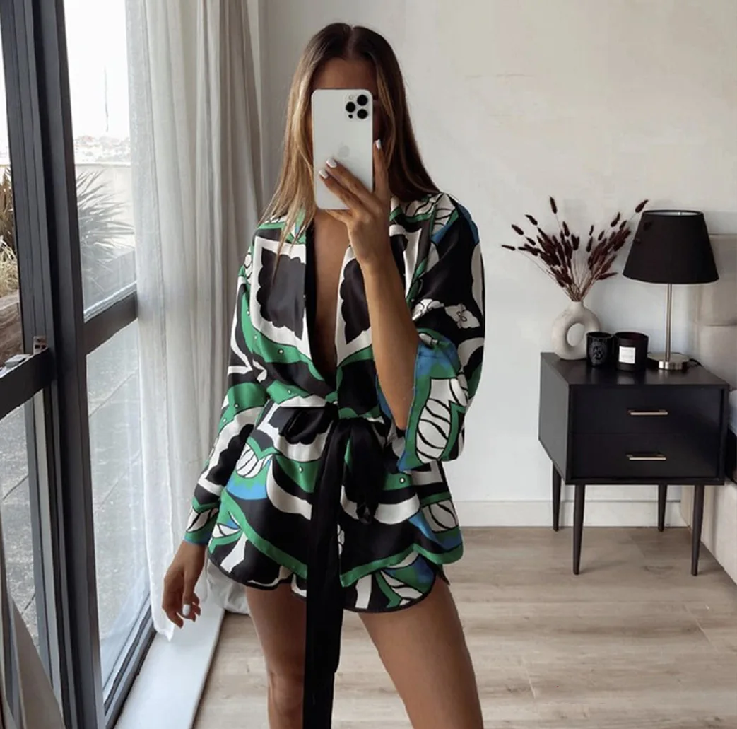 Women\'s Print Pajamas Set Summer Spring 3 Pieces Ladies Loose Sleepwear Kimono Streetwear V Neck Pijama Suit For Female 2024