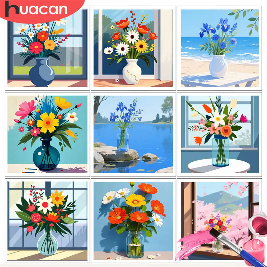 HUACAN Malen nach Zahlen, Kits, Blumenstrauß, blaue Vase, Fensterkunst, DIY, Ölgemälde, Zeichnung, Blumen, Heimdekoration