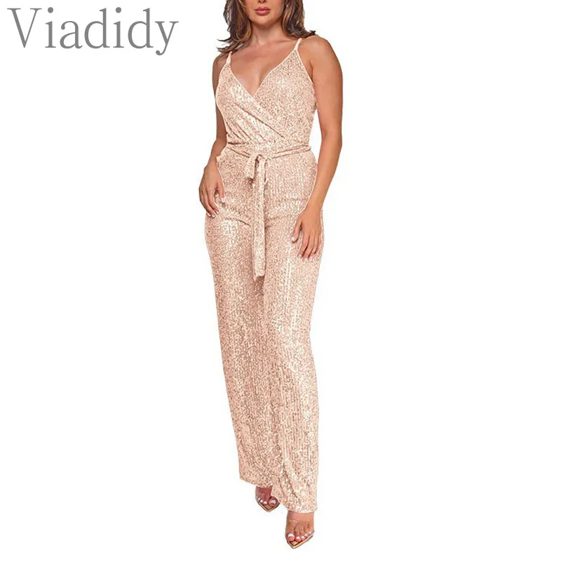 

Women Sexy Solid Color Deep V Neck Spaghetti Strap Glitter Sequin Decor Jumpsuits with Belt