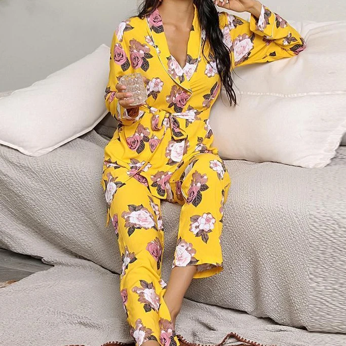 

Flower Crop Pajama Sets Yellow Women Mujer Conjuntos Pijamas Conjunto Pyjama Pijama Femme Ensembles Feminino Sleepwear Pyjamas