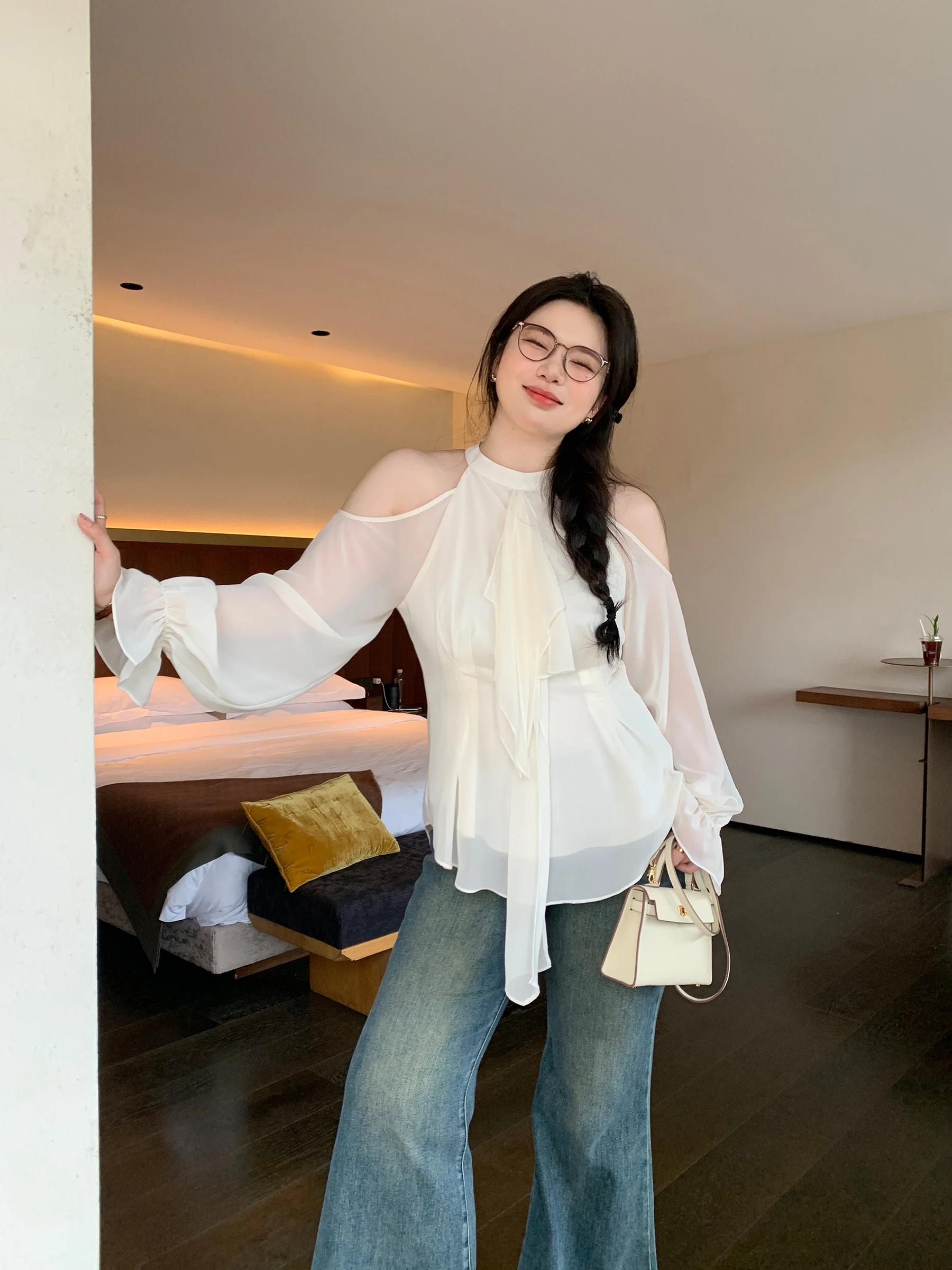 

M5T6 plus Size irt with Sa oulder Bows Ne Hanging Design Slim Fit Pure Color Blurry Irregular Hemline Women's irt