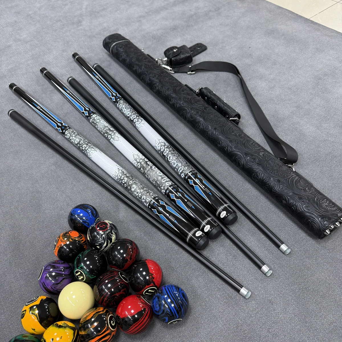 1/2‑Piece High‑Tech Pool Cue, 12.5 mm Tip, Ink Painted Butt, Matte Black Shaft, Black Floral Embossed Cue Case
