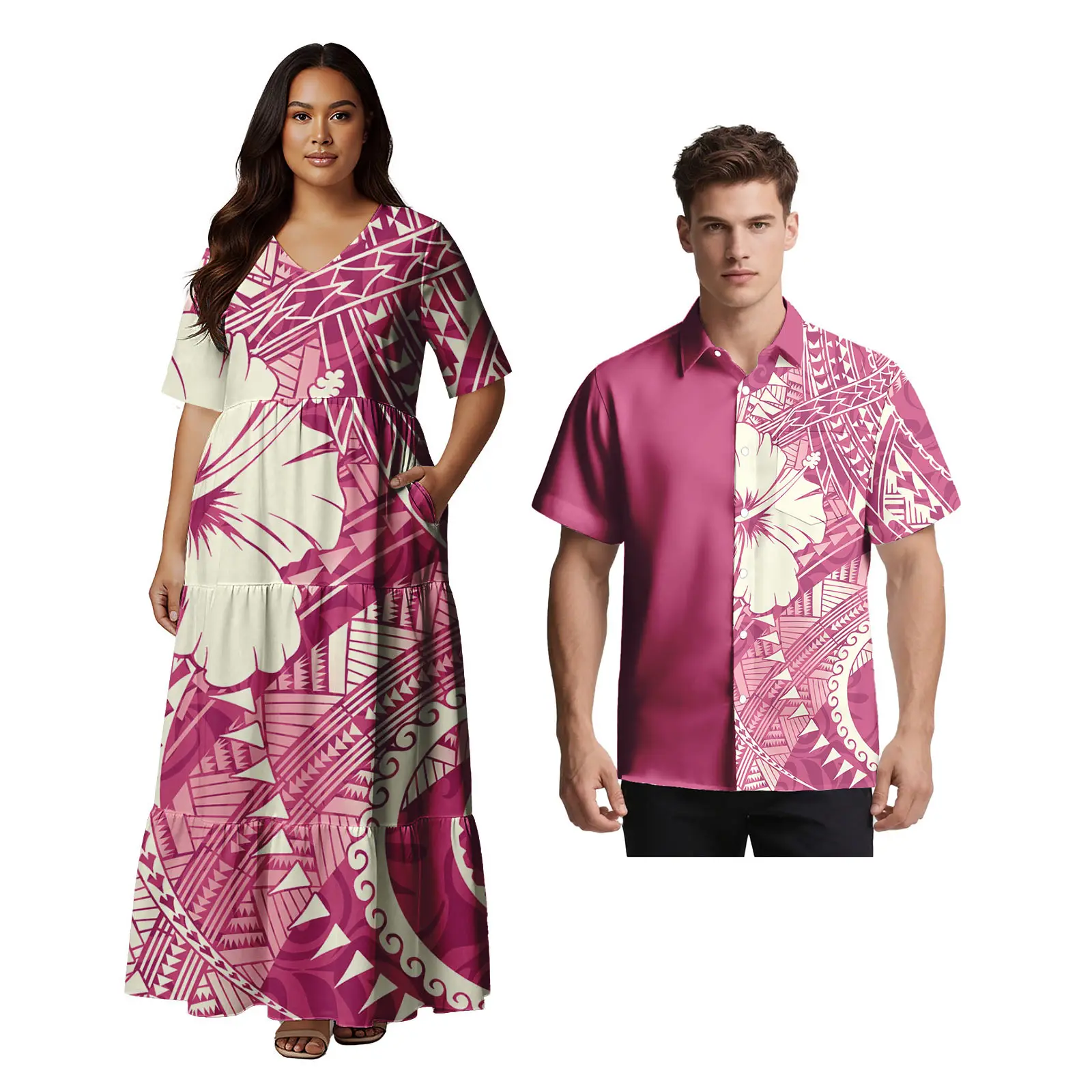 

Самоанский дизайн, одежда на заказ, гавайское элегантное женское платье с карманами и рукавами миди, красивая мужская рубашка Aloha, полинезийские комплекты для пар, 2 предмета