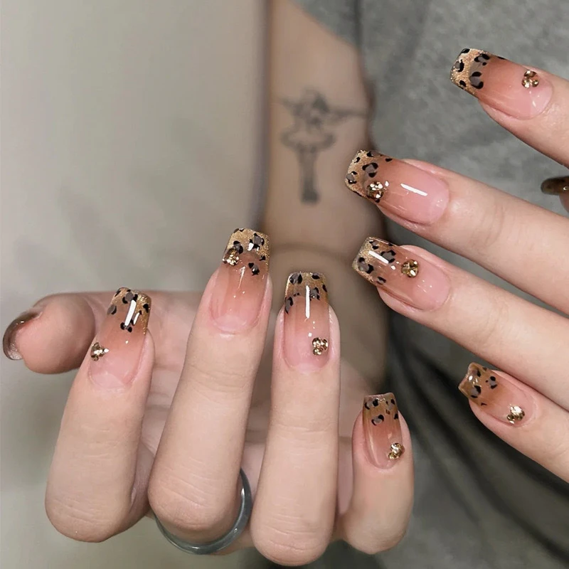 10pcs/bag Leopard Print French Design Press On Nails M/S Size Almond Coffin Full Cover Wearable False Nails Tips