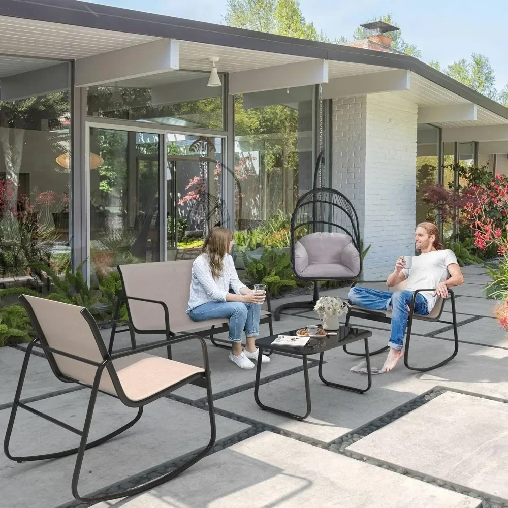 Ensemble de chaises à bascule de bistrot, causeuse et table en verre, ensemble de conversation extérieure en textilène pour pelouse et jardin, 4 pièces