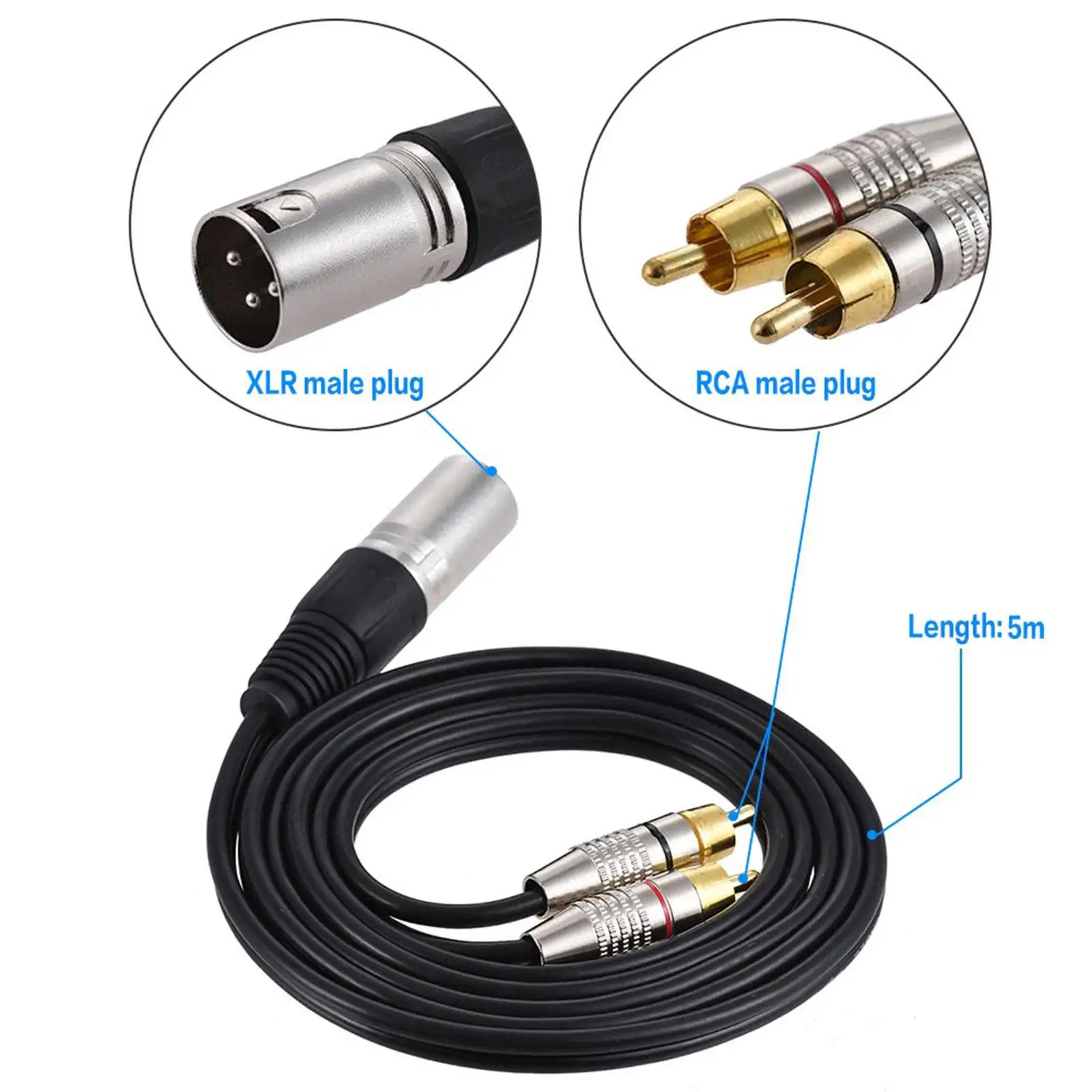 XLR Male to 2 RCA Male Audio Cable Wear Resistant Improve Semaphore Quality Y Splitter Cable for Mic Speaker Mixer Sound Card