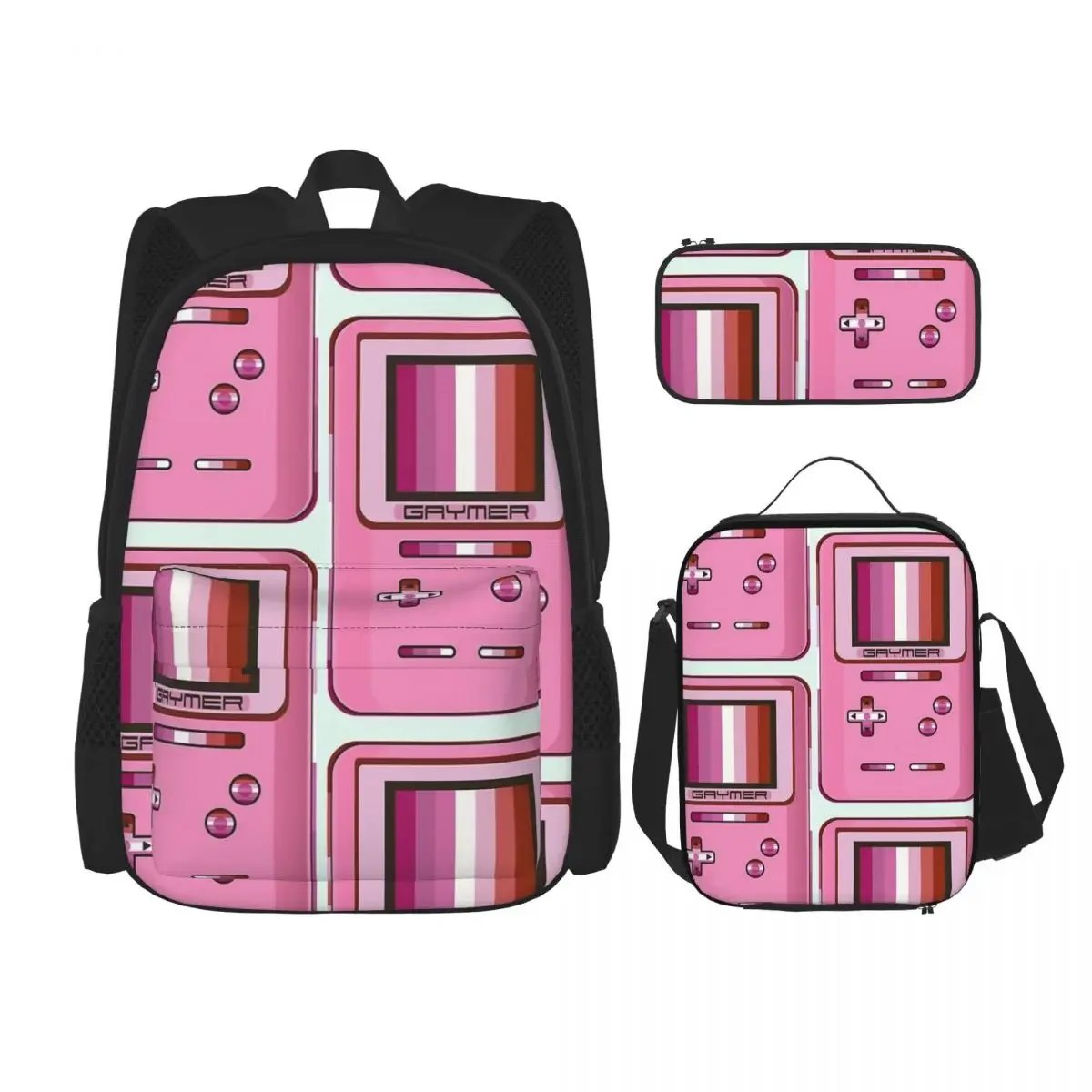 

Lesbian Flag Gaymer Backpacks Boys Girls Bookbag Students School Bags Cartoon Kids Rucksack Lunch Bag Pen Bag Three-Piece Set