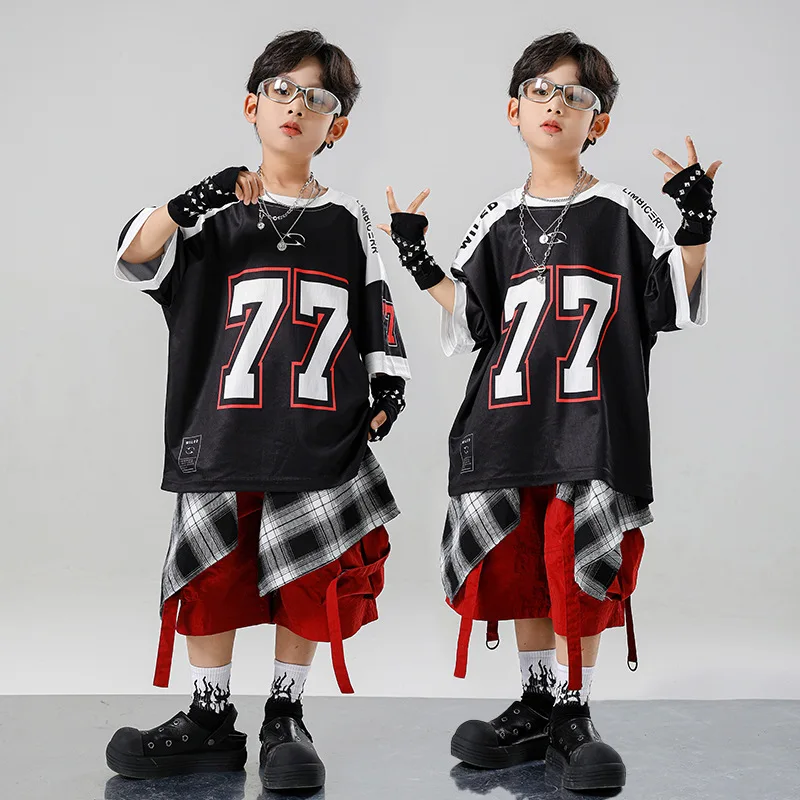 Kind Kpop Hip Hop Kleidung Schwarz T Shirt Top Rot Sommer Straße Cargo-Shorts Mittlere Hosen für Mädchen Junge Jazz Dance Kostüme Kleidung
