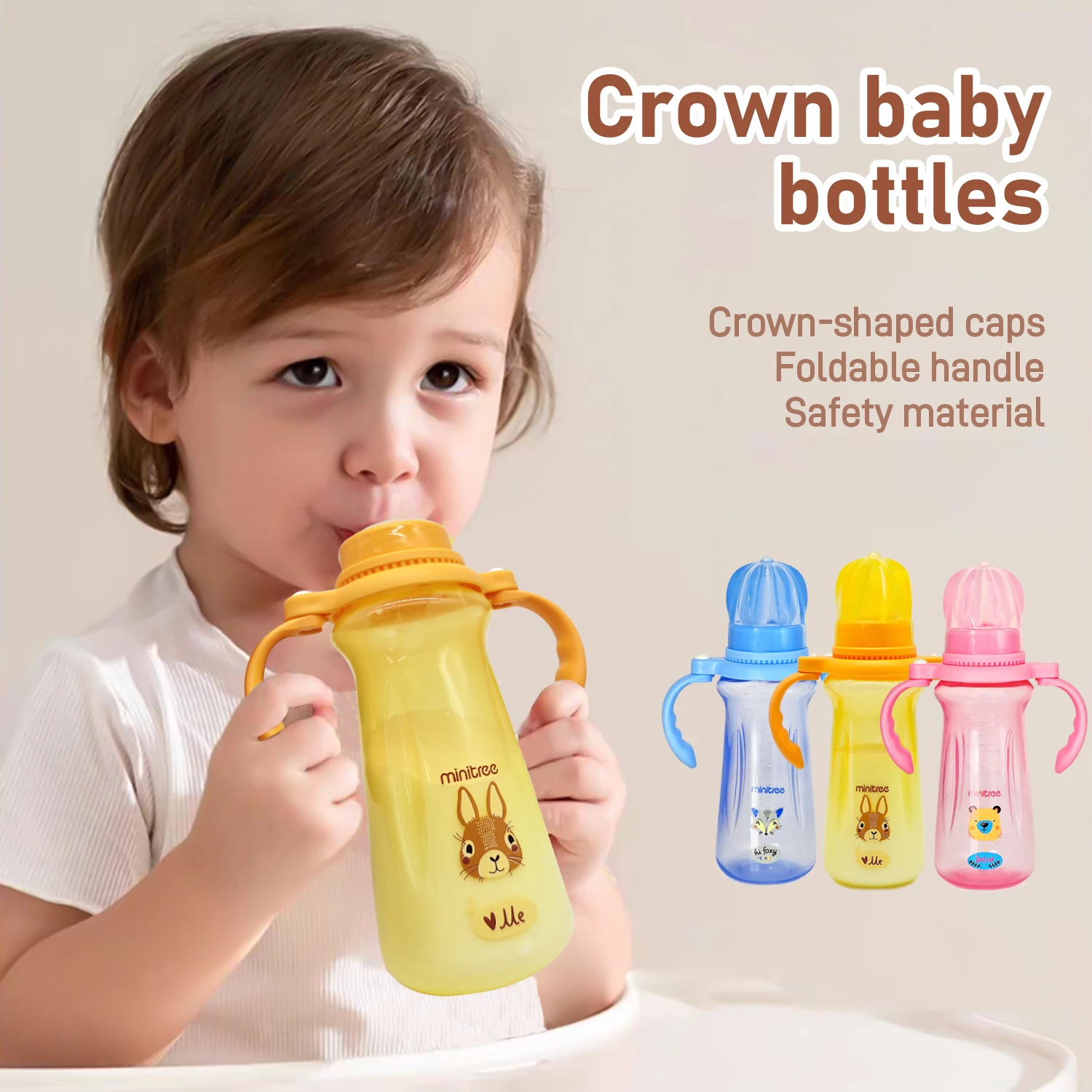 240mL Crown Bottle Cover Baby PP Bottle, Crown Design Movable Handle Bottle, Breastmilk Bottle for Baby 0-36 Months