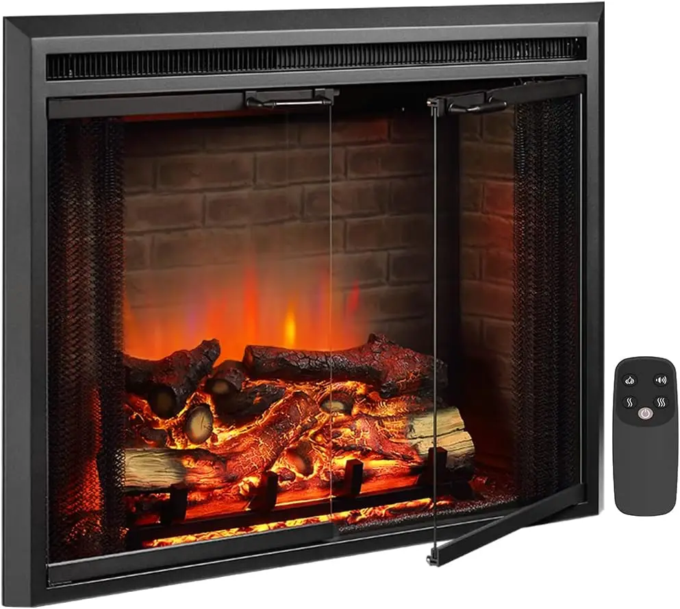 Electric Fireplace Insert with Fire Crackling Sound,750/1500W, Black, 33 1/16 Inches Wide, 25 9/16 Inches High