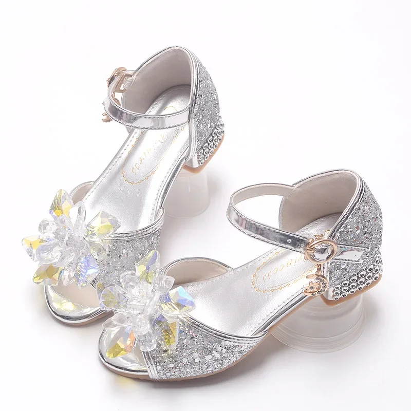 Girls Sandals Elegant Luxury Rhinestone Children High Heels Fashion Glitter Sequin Kid Princess Wedding Party Dress Single Shoes