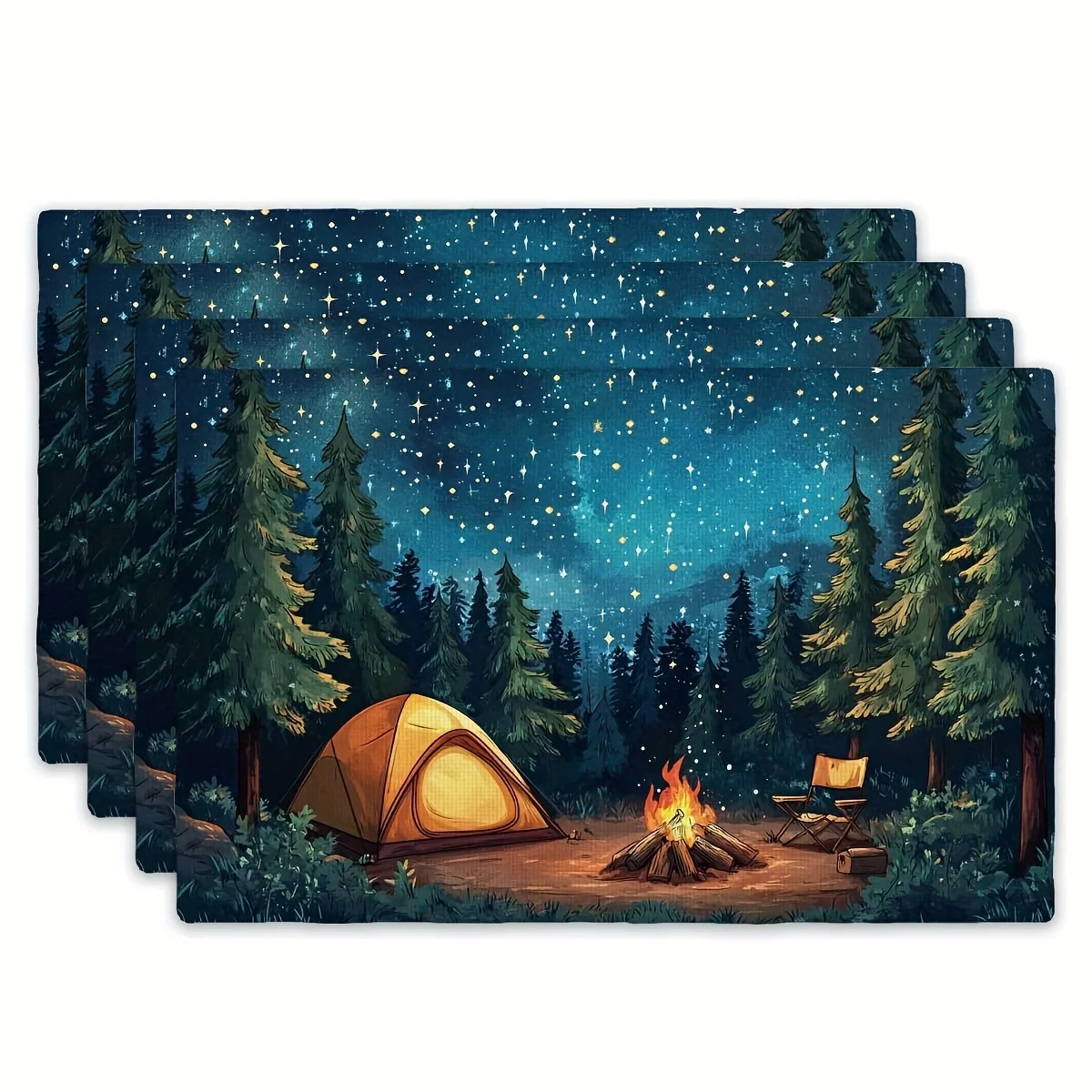 4pcs Placemats Set - Outdoor Camping Campfire Theme, Rectangular Kitchen Table Mats (12