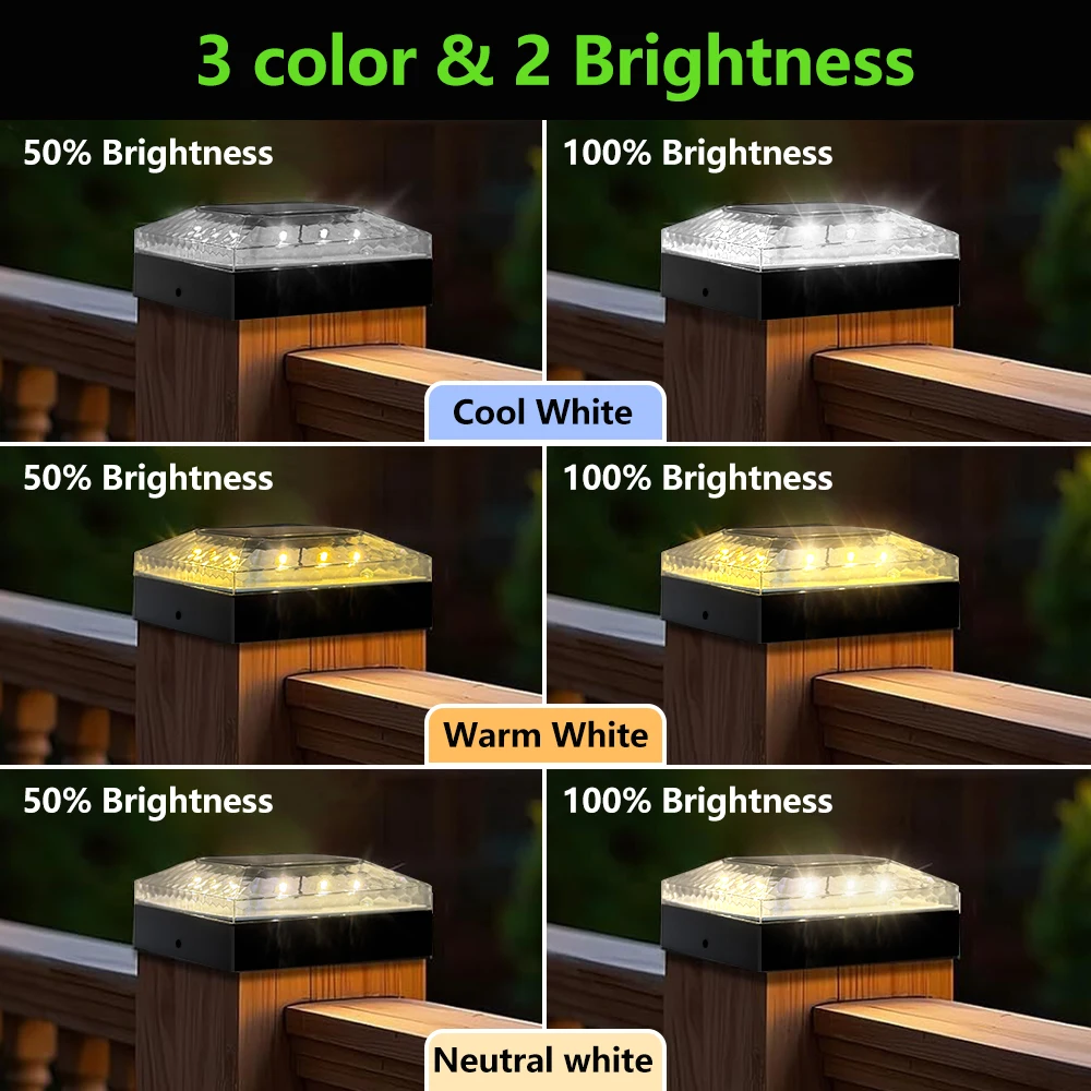 1/4PCS Solar Post Cap Lights Outdoor IP65 Waterproof 3 Color Modes Fence Topper Light For 4x4 Vinyl Wood Post Lighting image 2