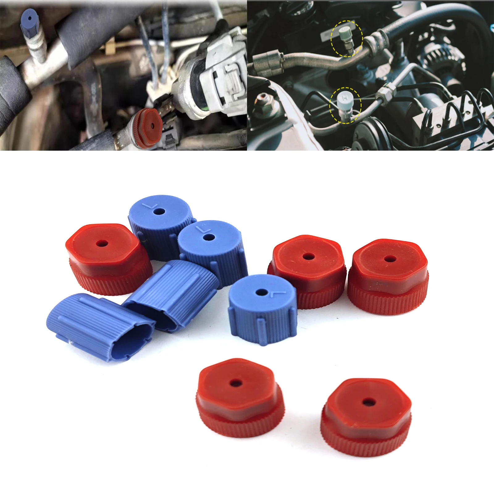 10Pcs/Set Car Air Conditioning Service AC System Charging Port Caps Low Side and High Side R134a A/C Cap 13mm and 16mm