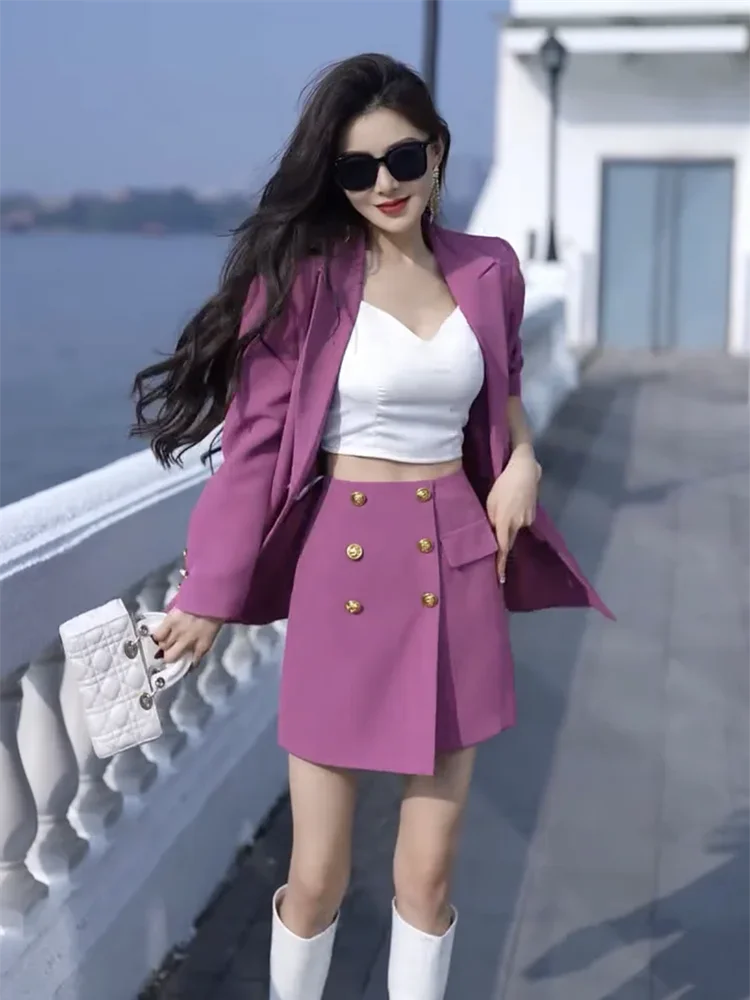 Insozkdg setelan 2 potong untuk wanita, pakaian jalanan gaya Korea, blazer lengan panjang + rok Vintage dua potong