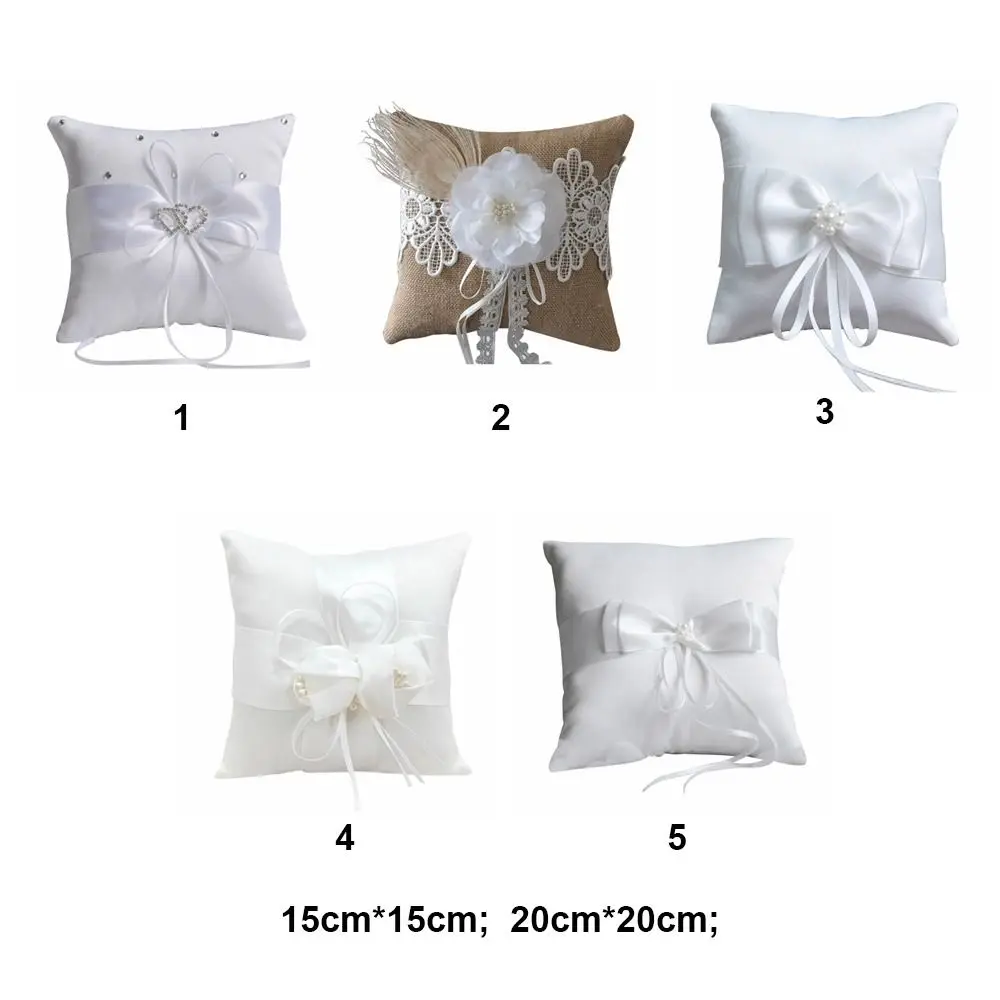 15*15cm 20*20cm 반지 무기명 베개 흰색 실크 황마 웨딩 용품 리본 Bowknot 반지 베개 행사 파티 장식